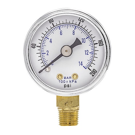 Industrial Pressure Gauge, 0 to 200 psi, 1 1/2 in Dial, 1/8 in NPT, Bottom Location MPN:101D-158G