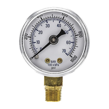 Industrial Pressure Gauge, 0 to 1, 000 psi, 1 1/2 in Dial, 1/8 in NPT, Bottom Location MPN:101D-158M