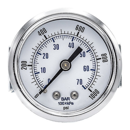 Industrial Pressure Gauge, 0 to 1, 000 psi, 2 in Dial, 1/4 in NPT, Center Back Location MPN:103D-204M
