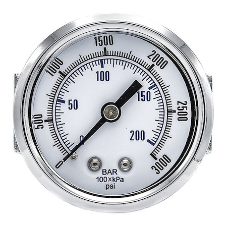 Industrial Pressure Gauge, 0 to 3, 000 psi, 2 in Dial, 1/4 in NPT, Center Back Location MPN:103D-204P