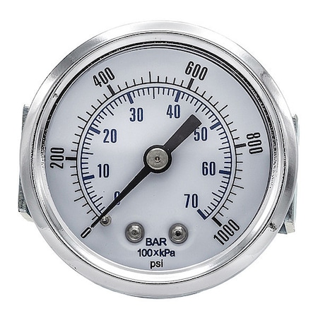 Industrial Pressure Gauge, 0 to 1, 000 psi, 2 in Dial, 1/8 in NPT, Center Back Location MPN:103D-208M