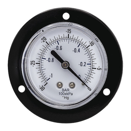 Panel-Mount Vacuum Gauge, 30 to 0 psi, 2 1/2 in Dial, 1/8 in NPT, Center Back Location MPN:104D-258A