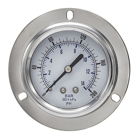 Panel-Mount Pressure Gauge, 0 to 200 psi, 2 1/2 in Dial, 1/8 in NPT, Center Back Location MPN:104D-258G