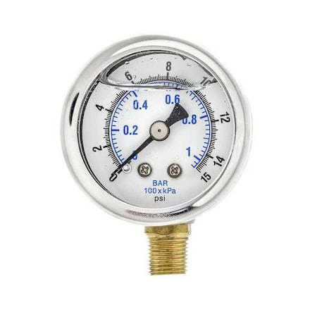 Industrial Pressure Gauge, 0 to 15 psi, 1 1/2 in Dial, 1/8 in NPT, Bottom Location MPN:201L-158B