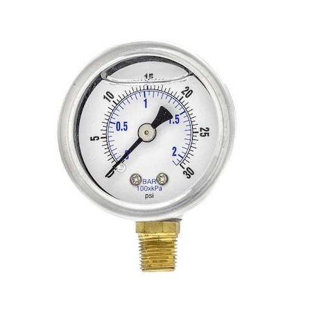 Industrial Pressure Gauge, 0 to 30 psi, 1 1/2 in Dial, 1/8 in NPT, Bottom Location MPN:201L-158C