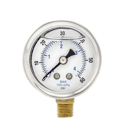 Industrial Pressure Gauge, 0 to 60 psi, 1 1/2 in Dial, 1/8 in NPT, Bottom Location MPN:201L-158D