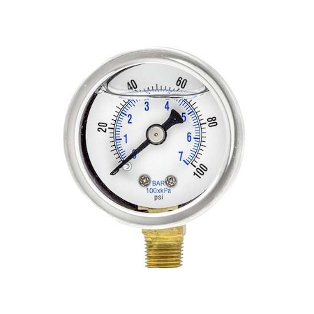 Industrial Pressure Gauge, 0 to 100 psi, 1 1/2 in Dial, 1/8 in NPT, Bottom Location MPN:201L-158E