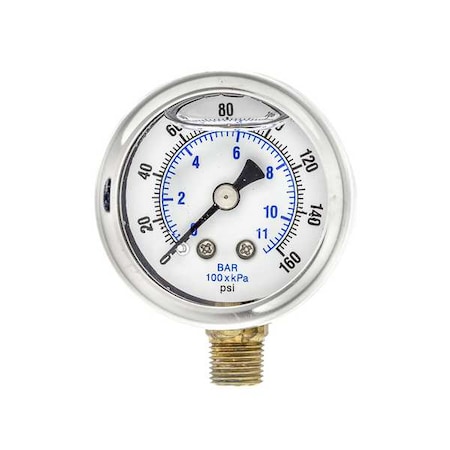 Industrial Pressure Gauge, 0 to 160 psi, 1 1/2 in Dial, 1/8 in NPT, Bottom Location MPN:201L-158F