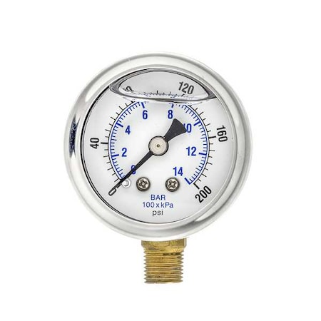 Industrial Pressure Gauge, 0 to 200 psi, 1 1/2 in Dial, 1/8 in NPT, Bottom Location MPN:201L-158G