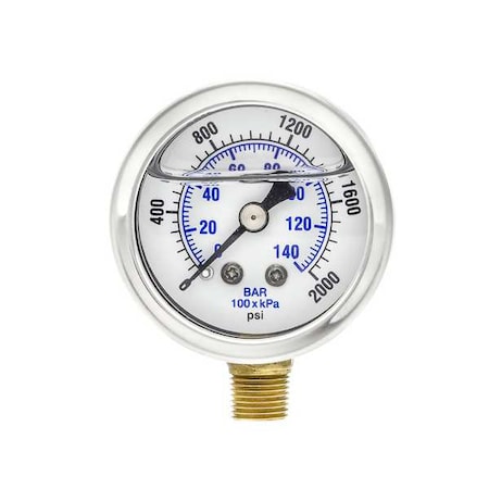 Industrial Pressure Gauge, 0 to 2, 000 psi, 1 1/2 in Dial, 1/8 in NPT, Bottom Location MPN:201L-158O