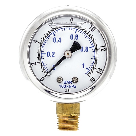 Industrial Pressure Gauge, 0 to 15 psi, 2 in Dial, 1/4 in NPT, Bottom Location MPN:201L-204B