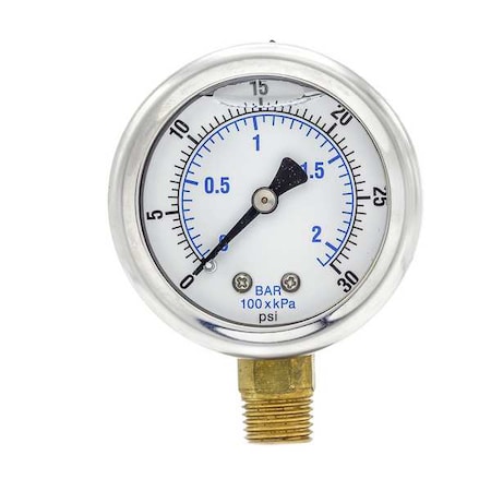 Industrial Pressure Gauge, 0 to 30 psi, 2 in Dial, 1/4 in NPT, Bottom Location MPN:201L-204C