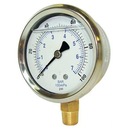 Industrial Pressure Gauge, 0 to 100 psi, 2 in Dial, 1/4 in NPT Male, Dual, Stainless, Silver MPN:201L-204E