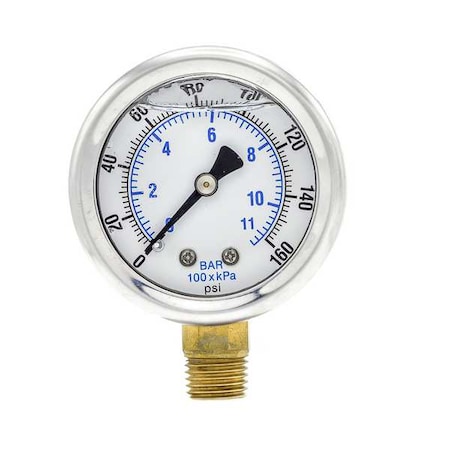 Industrial Pressure Gauge, 0 to 160 psi, 2 in Dial, 1/4 in NPT, Bottom Location MPN:201L-204F
