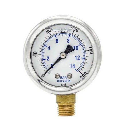 Industrial Pressure Gauge, 0 to 200 psi, 2 in Dial, 1/4 in NPT, Bottom Location MPN:201L-204G