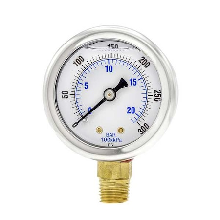 Industrial Pressure Gauge, 0 to 300 psi, 2 in Dial, 1/4 in NPT, Bottom Location MPN:201L-204H
