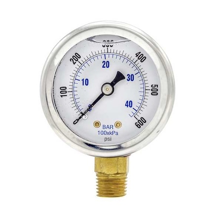 Industrial Pressure Gauge, 0 to 600 psi, 2 in Dial, 1/4 in NPT, Bottom Location MPN:201L-204K