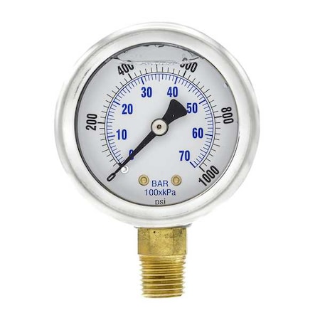 Industrial Pressure Gauge, 0 to 1, 000 psi, 2 in Dial, 1/4 in NPT, Bottom Location MPN:201L-204M