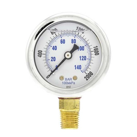 Industrial Pressure Gauge, 0 to 2, 000 psi, 2 in Dial, 1/4 in NPT, Bottom Location MPN:201L-204O