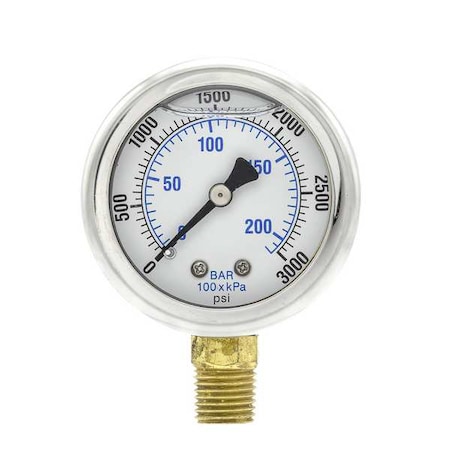 Industrial Pressure Gauge, 0 to 3, 000 psi, 2 in Dial, 1/4 in NPT, Bottom Location MPN:201L-204P