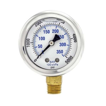 Industrial Pressure Gauge, 0 to 5, 000 psi, 2 in Dial, 1/4 in NPT, Bottom Location MPN:201L-204R