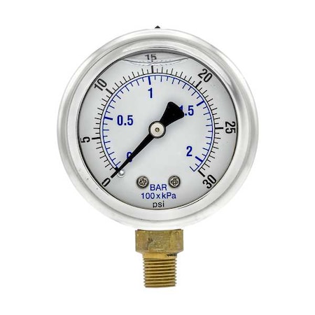 Industrial Pressure Gauge, 0 to 30 psi, 2 in Dial, 1/8 in NPT, Bottom Location MPN:201L-208C