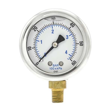 Industrial Pressure Gauge, 0 to 60 psi, 2 in Dial, 1/8 in NPT, Bottom Location MPN:201L-208D