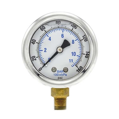 Industrial Pressure Gauge, 0 to 160 psi, 2 in Dial, 1/8 in NPT, Bottom Location MPN:201L-208F