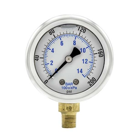 Industrial Pressure Gauge, 0 to 200 psi, 2 in Dial, 1/8 in NPT, Bottom Location MPN:201L-208G