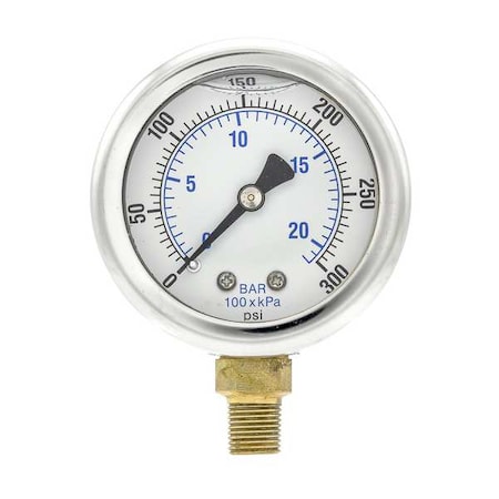 Industrial Pressure Gauge, 0 to 300 psi, 2 in Dial, 1/8 in NPT, Bottom Location MPN:201L-208H