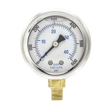 Industrial Pressure Gauge, 0 to 600 psi, 2 in Dial, 1/8 in NPT, Bottom Location MPN:201L-208K