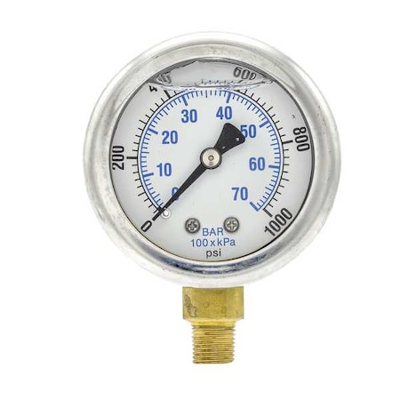 Industrial Pressure Gauge, 0 to 1, 000 psi, 2 in Dial, 1/8 in NPT, Bottom Location MPN:201L-208M