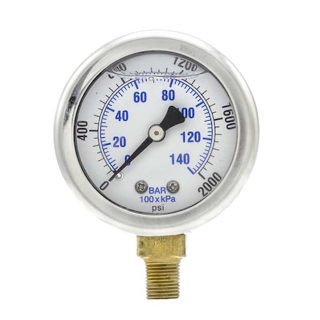 Industrial Pressure Gauge, 0 to 2, 000 psi, 2 in Dial, 1/8 in NPT, Bottom Location MPN:201L-208O