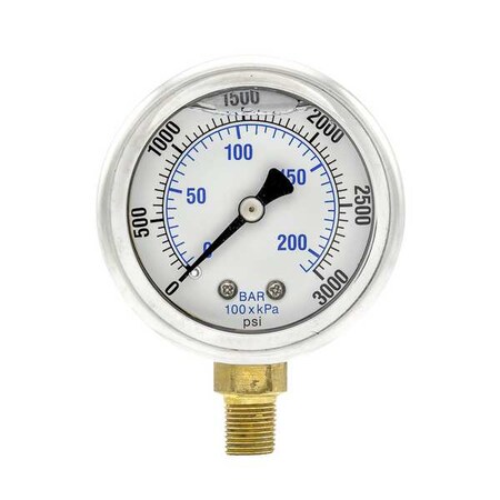 Industrial Pressure Gauge, 0 to 3, 000 psi, 2 in Dial, 1/8 in NPT, Bottom Location MPN:201L-208P