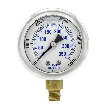 Industrial Pressure Gauge, 0 to 5, 000 psi, 2 in Dial, 1/8 in NPT, Bottom Location MPN:201L-208R