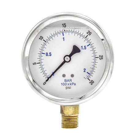 Industrial Pressure Gauge, 0 to 30 psi, 4 in Dial, 1/2 in NPT, Bottom Location MPN:201L-402C