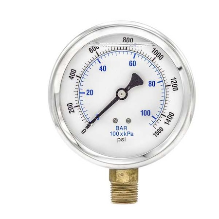 Industrial Pressure Gauge, 0 to 1, 500 psi, 4 in Dial, 1/2 in NPT, Bottom Location MPN:201L-402N