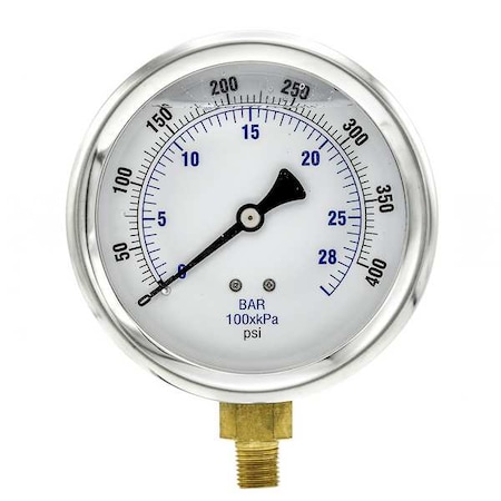 Industrial Pressure Gauge, 0 to 400 psi, 4 in Dial, 1/4 in NPT, Bottom Location MPN:201L-404I