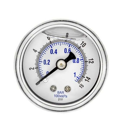 Industrial Pressure Gauge, 0 to 15 psi, 1 1/2 in Dial, 1/8 in NPT, Center Back Location MPN:202L-158B