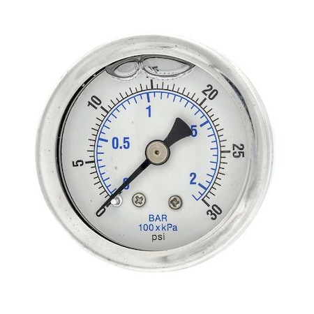 Industrial Pressure Gauge, 0 to 30 psi, 1 1/2 in Dial, 1/8 in NPT, Center Back Location MPN:202L-158C