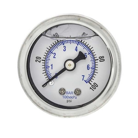 Industrial Pressure Gauge, 0 to 100 psi, 1 1/2 in Dial, 1/8 in NPT, Center Back Location MPN:202L-158E