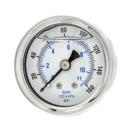 Industrial Pressure Gauge, 0 to 160 psi, 1 1/2 in Dial, 1/8 in NPT, Center Back Location MPN:202L-158F