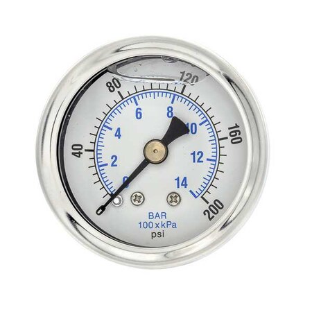 Industrial Pressure Gauge, 0 to 200 psi, 1 1/2 in Dial, 1/8 in NPT, Center Back Location MPN:202L-158G