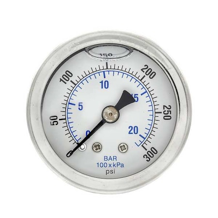 Industrial Pressure Gauge, 0 to 300 psi, 1 1/2 in Dial, 1/8 in NPT, Center Back Location MPN:202L-158H