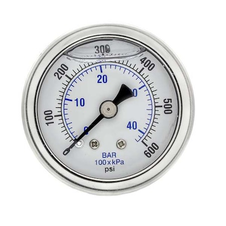 Industrial Pressure Gauge, 0 to 600 psi, 1 1/2 in Dial, 1/8 in NPT, Center Back Location MPN:202L-158K