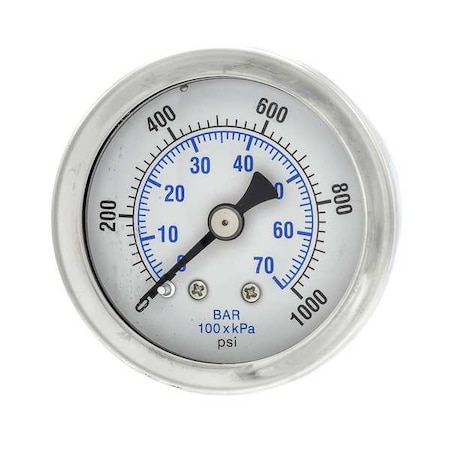 Industrial Pressure Gauge, 0 to 1, 000 psi, 1 1/2 in Dial, 1/8 in NPT, Center Back Location MPN:202L-158M