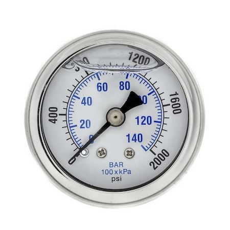 Industrial Pressure Gauge, 0 to 2, 000 psi, 1 1/2 in Dial, 1/8 in NPT, Center Back Location MPN:202L-158O