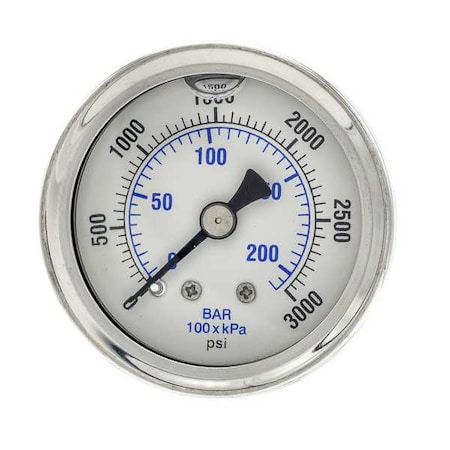 Industrial Pressure Gauge, 0 to 3, 000 psi, 1 1/2 in Dial, 1/8 in NPT, Center Back Location MPN:202L-158P