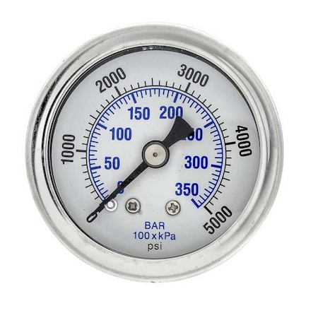 Industrial Pressure Gauge, 0 to 5, 000 psi, 1 1/2 in Dial, 1/8 in NPT, Center Back Location MPN:202L-158R