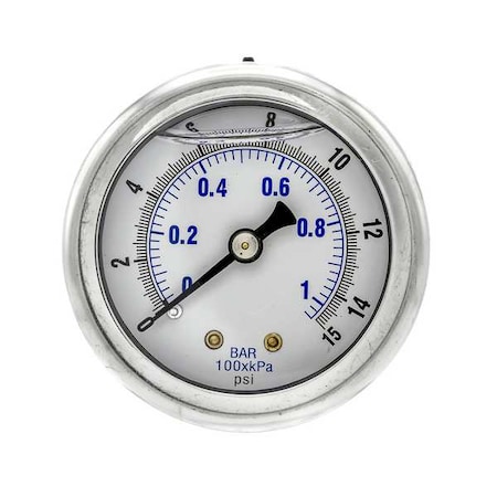 Industrial Pressure Gauge, 0 to 15 psi, 2 in Dial, 1/4 in NPT, Center Back Location MPN:202L-204B